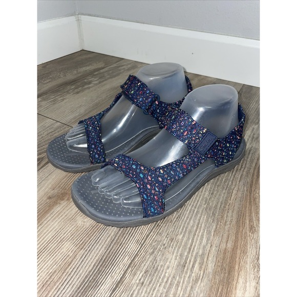 Skechers Women 8 Navy Multi 163019 Sandal Flat Arch Strap Reggae Kicker Sport - Picture 1 of 10